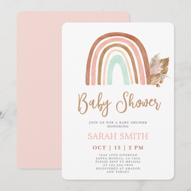 Invitación Chica Baby Shower del boho rosa del arcoiris Rubor (Anverso / Reverso)