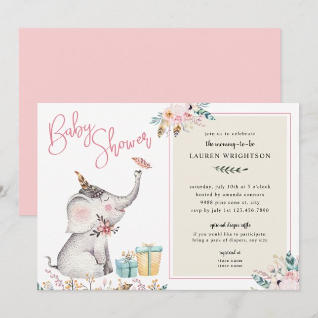 Invitación Chica Baby Shower del elefante de Boho (Anverso / Reverso)