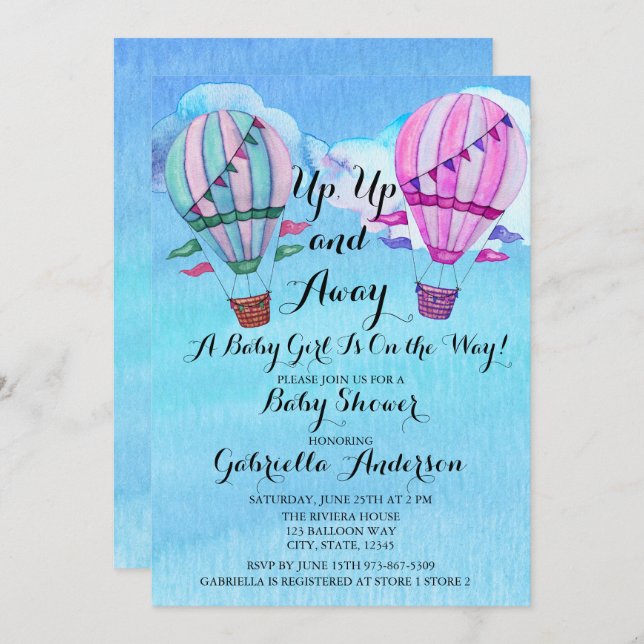 Invitación Chica Baby Shower del globo del aire caliente de (Anverso / Reverso)