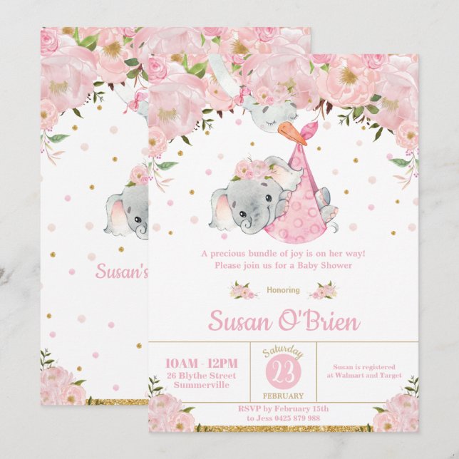 Invitación Chica Baby Shower del paquete de cigüeñas para ele (Anverso / Reverso)