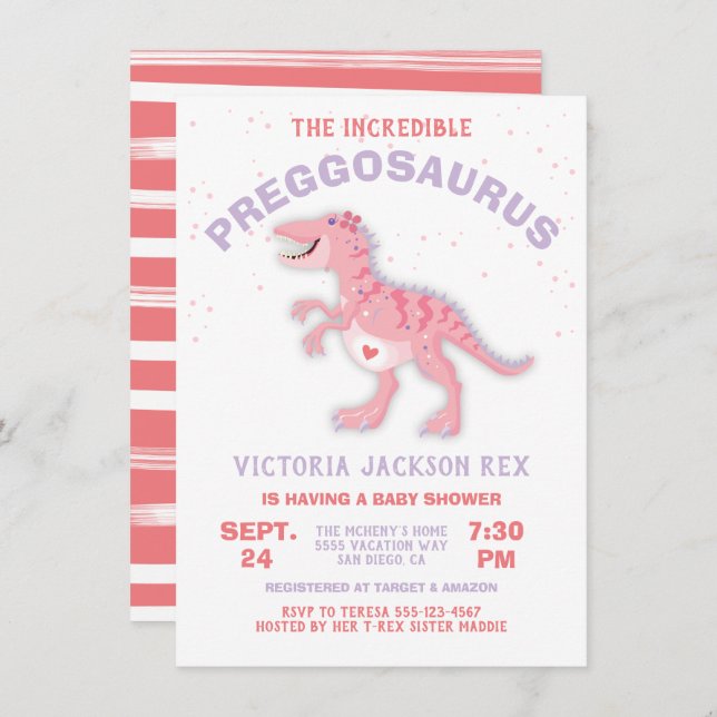 Invitación Chica Baby Shower Dinosaur Preggosaurus (Anverso / Reverso)