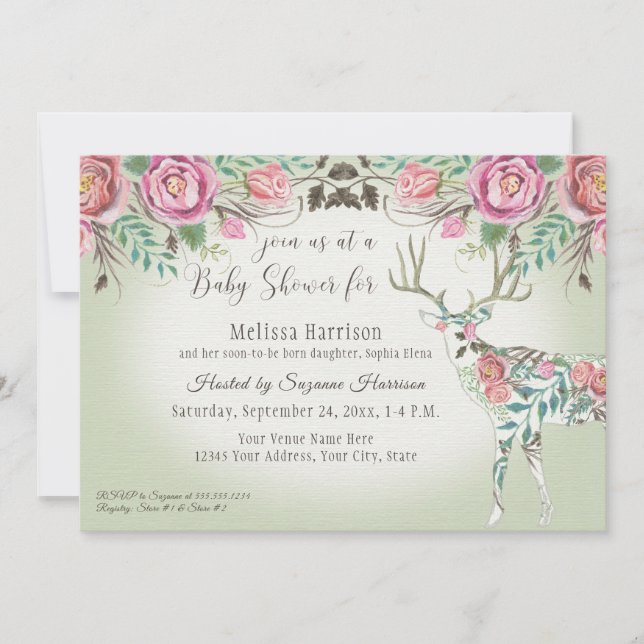Invitación Chica Baby Shower Elegant Rosa Floral Deer Antler (Anverso)