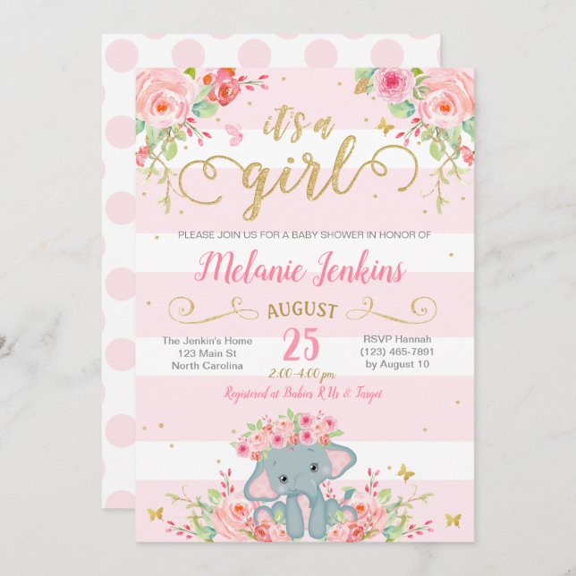 Invitación chica Baby Shower, Elephant Baby Shower (Anverso / Reverso)