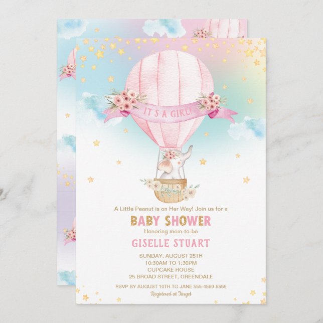 Invitación Chica Baby Shower Elephant Hot Air Balloon (Anverso / Reverso)