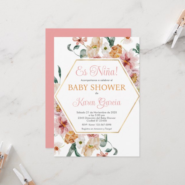 Invitación Chica Baby Shower en español con florido de primav (Anverso/Reverso In Situ)