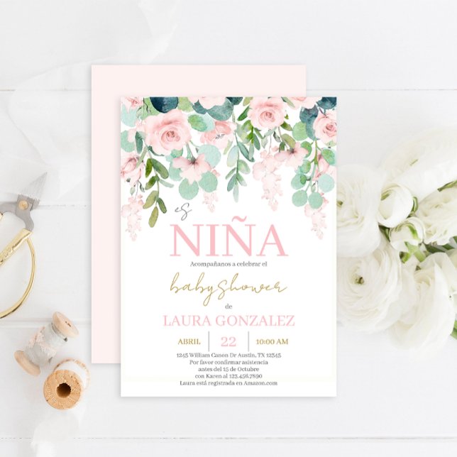 Invitación Chica Baby Shower en español con florido rosado de (Subido por el creador)