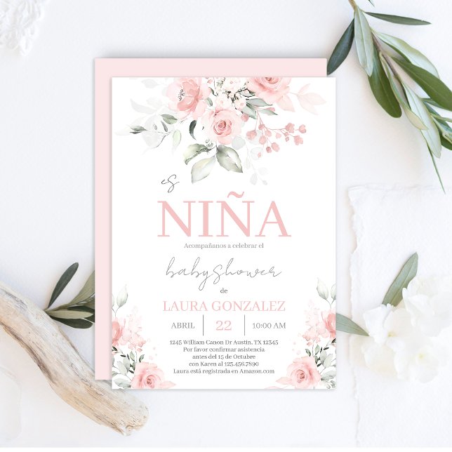 Invitación Chica Baby Shower en español con florido rosado de (Subido por el creador)
