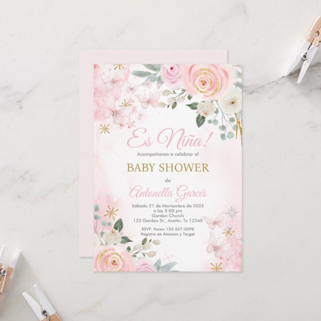 Invitación Chica Baby Shower en español rosado (Anverso/Reverso In Situ)