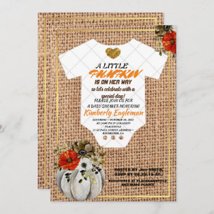 Invitación Chica Baby Shower Fall Pumpkin Rustic Burlap Wood