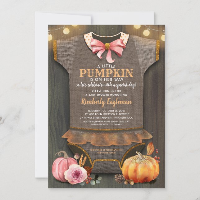 Invitación Chica Baby Shower Fall Pumpkin Rustic Burlap Wood (Anverso)