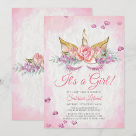 Invitación Chica Baby Shower Fantasía rosa Unicorn