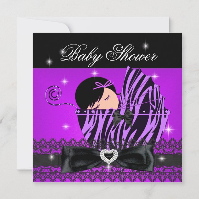 Invitación Chica Baby Shower Fiesta Purple Black Lace (Anverso)