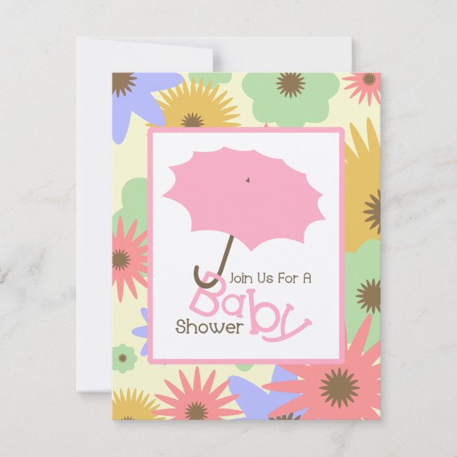 Invitación Chica Baby Shower - Flores de paraguas rosadas y p (Anverso)