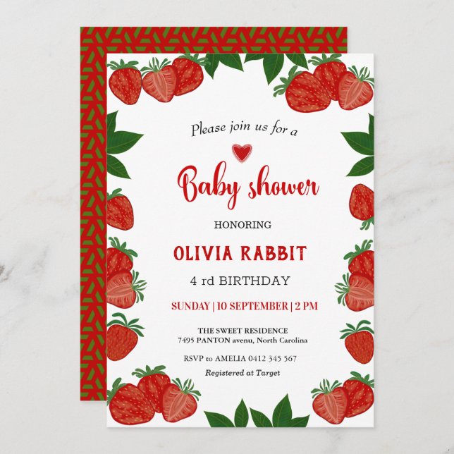 Invitación Chica Baby Shower fresco de fresa de fruta dulce (Anverso / Reverso)