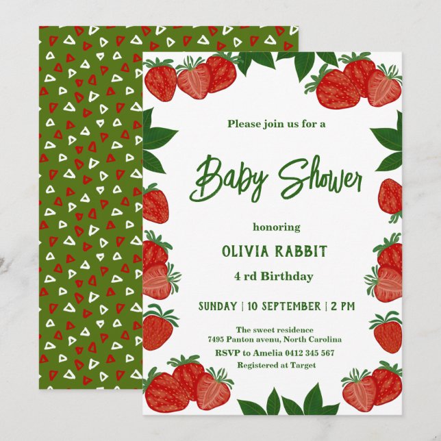 Invitación Chica Baby Shower fresco de fresa de fruta dulce (Anverso / Reverso)