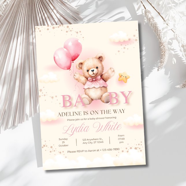 Invitación chica Baby Shower, globos de Oso Teddy (Subido por el creador)