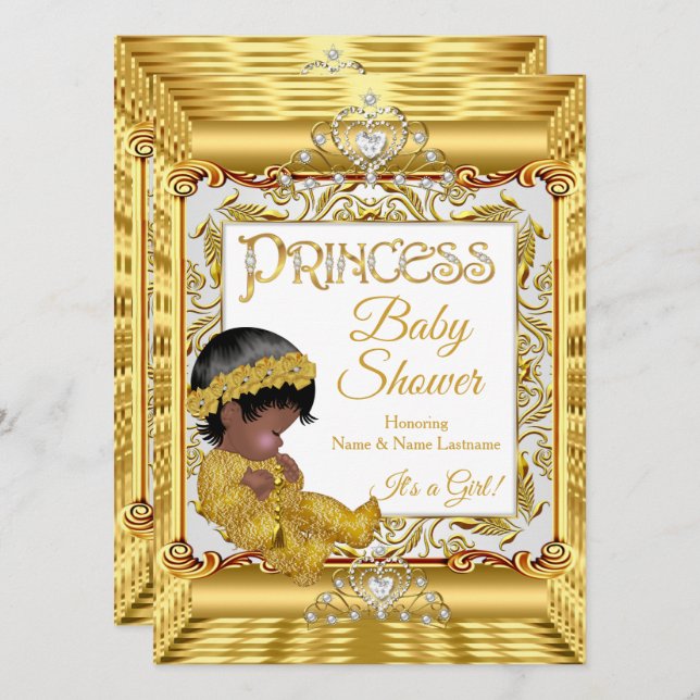 Invitación Chica Baby Shower Gold de la princesa dorada negra (Anverso / Reverso)