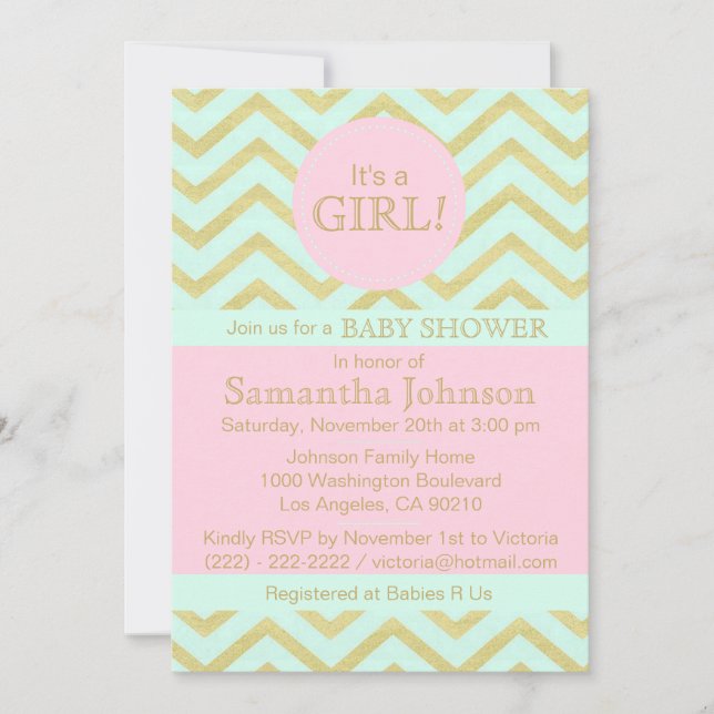 Invitación Chica Baby Shower Gold personalizado de color rosa (Anverso)