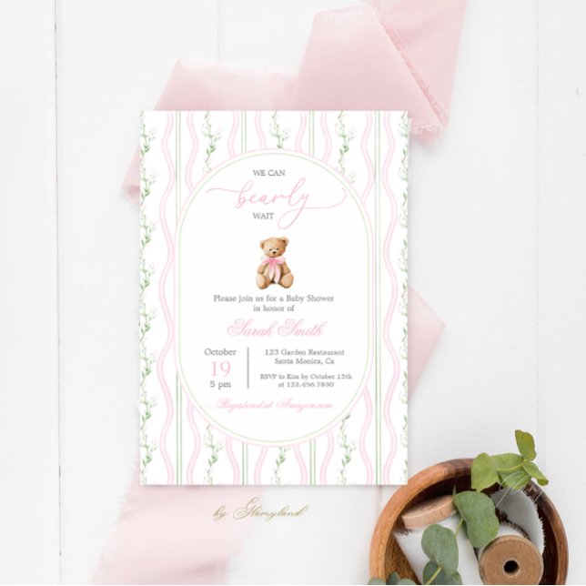 Invitación Chica Baby Shower Grandmillennial Teddy Bear (Subido por el creador)