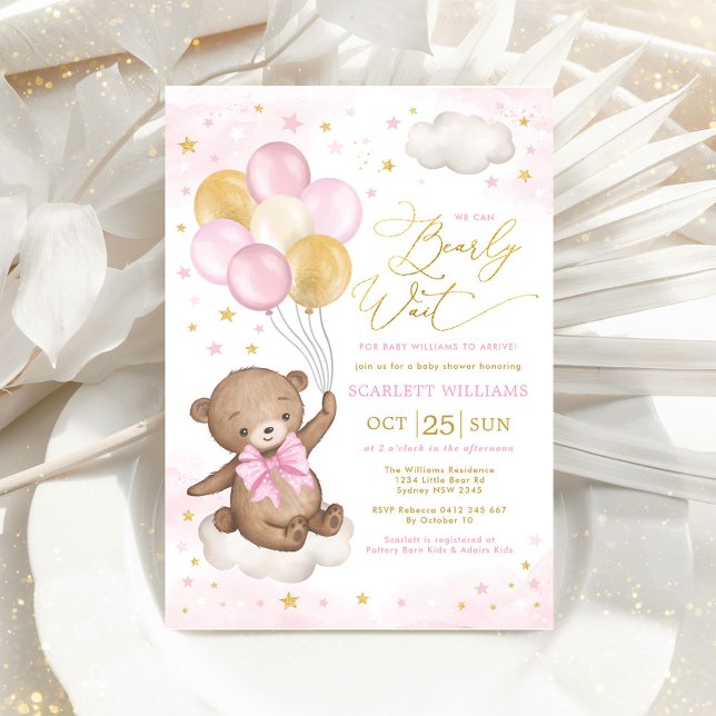 Invitación Chica Baby Shower Inv  de los globos de osito rosa (Subido por el creador)