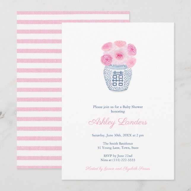 Invitación Chica Baby Shower Invi de Preppy Pink Roses Ginger (Anverso / Reverso)