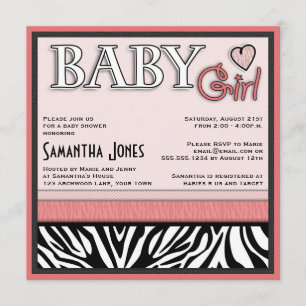 Invitación Chica Baby Shower invita a cebra rosa