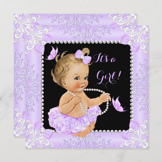 Invitación Chica Baby Shower Lavender Butterfly Tutu Blonde (Anverso / Reverso)