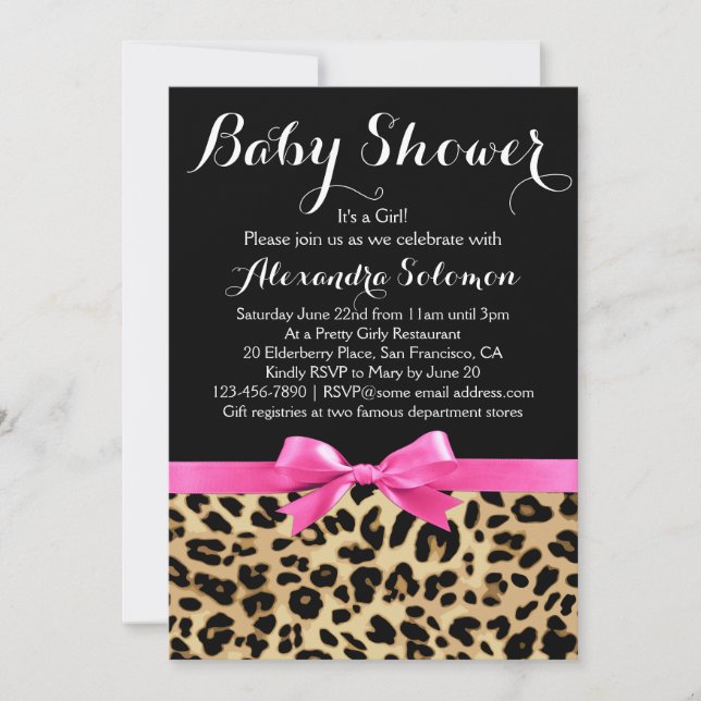 Invitación Chica Baby Shower Leopard Print Hot Pink Bow (Anverso)