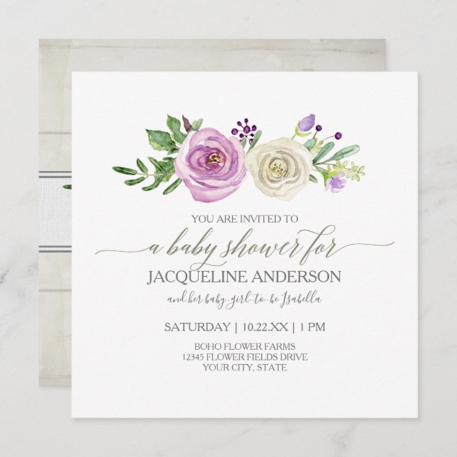 Invitación Chica Baby Shower Lilac n White Roses Rustic Wood (Anverso / Reverso)