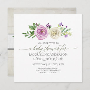 Invitación Chica Baby Shower Lilac n White Roses Rustic Wood