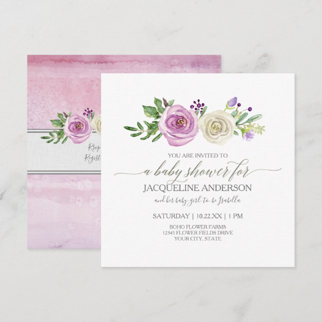 Invitación Chica Baby Shower Lilac y follaje de hojas de rosa (Anverso / Reverso)