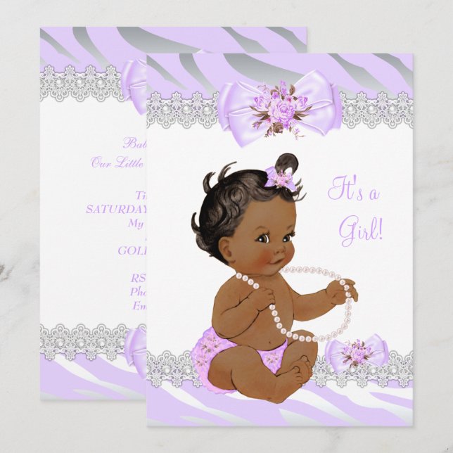 Invitación Chica Baby Shower Lilac Zebra Lace Étnica (Anverso / Reverso)