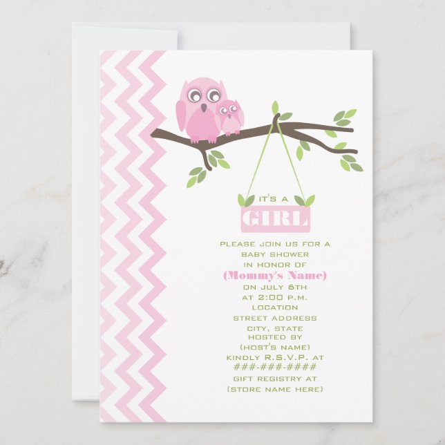 Invitación Chica Baby Shower Madre Rosa y Lechuza Nina (Anverso)