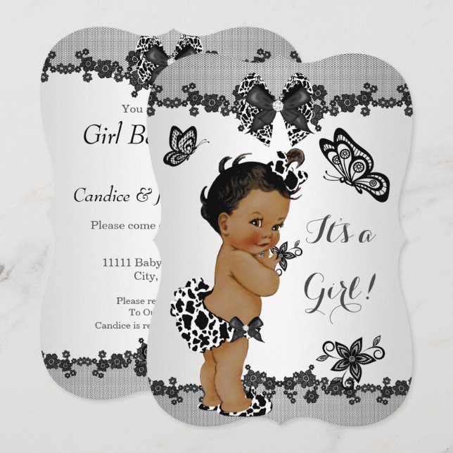 Invitación Chica Baby Shower Mariposa Negra Étnica Blanca (Anverso / Reverso)