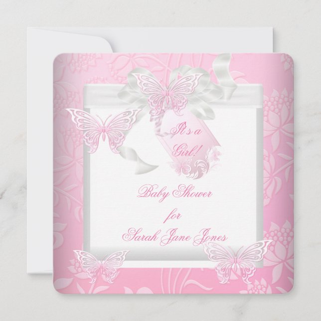 Invitación Chica Baby Shower Mariposa rosa blanca (Anverso)