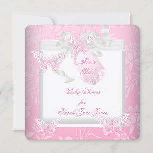 Invitación Chica Baby Shower Mariposa rosa blanca
