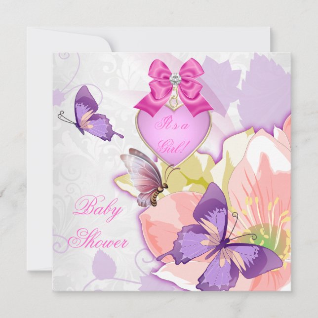 Invitación Chica Baby Shower Mariposa rosa Morado Floral (Anverso)