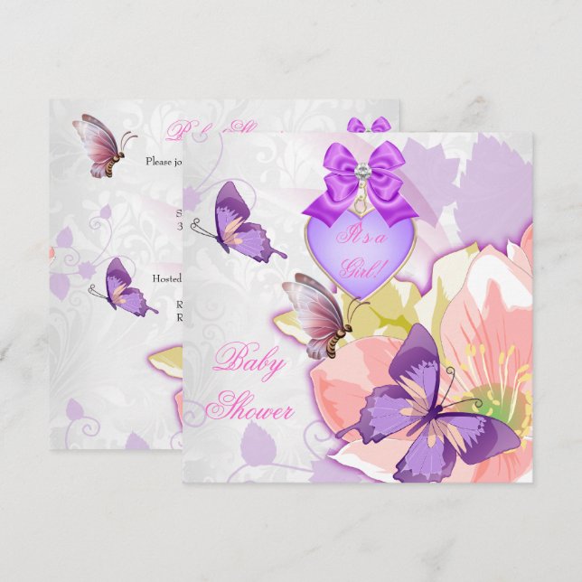 Invitación Chica Baby Shower Mariposa rosa Morado Floral 2 (Anverso / Reverso)