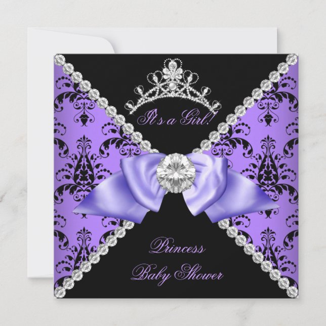 Invitación Chica Baby Shower morado Damask Princesa Diamante (Anverso)