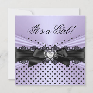 Invitación Chica Baby Shower Morado Encaje Negro Lunares