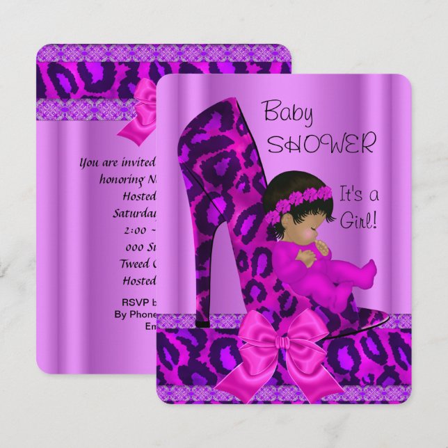 Invitación Chica Baby Shower Morado Rosa Leopardo (Anverso / Reverso)