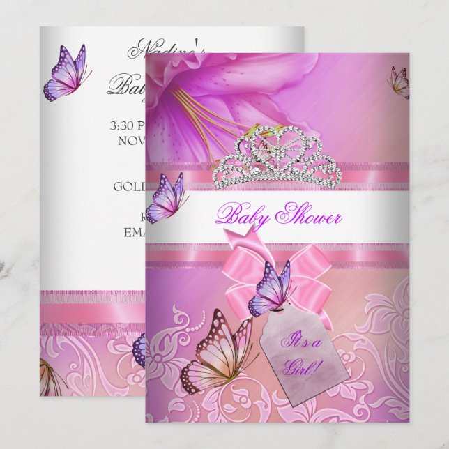 Invitación Chica Baby Shower Morado Rosado Princesa Mariposa  (Anverso / Reverso)