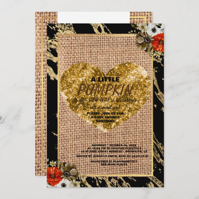 Invitación Chica Baby Shower Otoño Calabaza Rústico Arpillera (Anverso / Reverso)