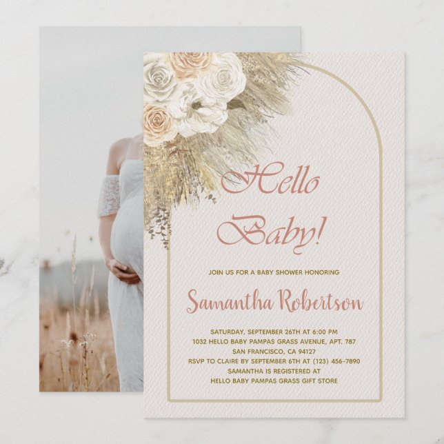 Invitación Chica Baby Shower Pampas Grass Boho Floral Photo (Anverso / Reverso)