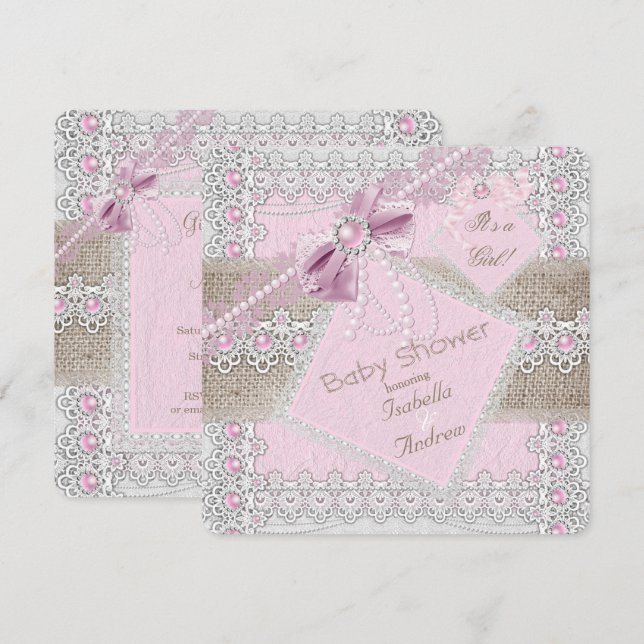 Invitación Chica Baby Shower Pearl Bow Lace Burlap 2 (Anverso / Reverso)