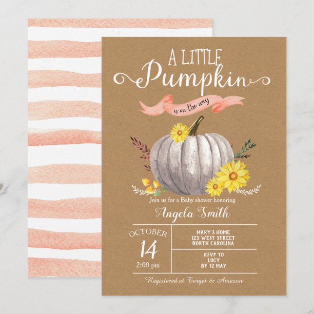 Invitación Chica Baby Shower Pequeño calabaza Invocar a kraft (Anverso / Reverso)