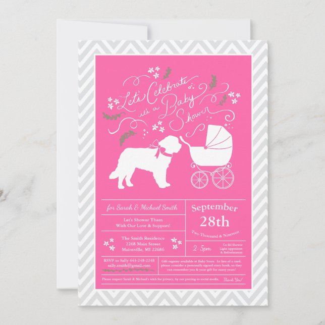 Invitación Chica Baby Shower Perro de San Bernardo Rosa (Anverso)