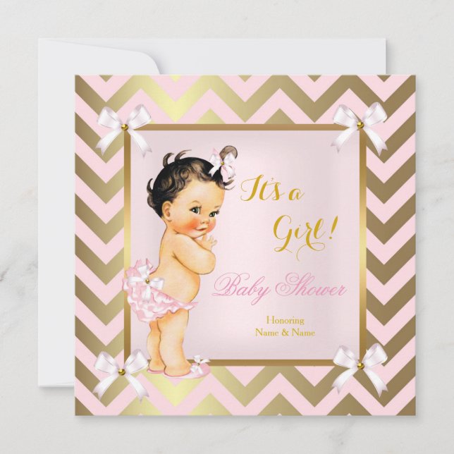 Invitación Chica Baby Shower Pink Gold Chevron Brunette (Anverso)