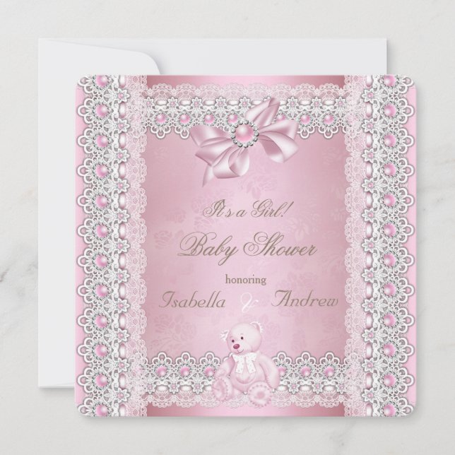 Invitación Chica Baby Shower Pink Pearl Bow Lace Damask (Anverso)