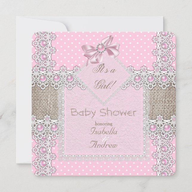Invitación Chica Baby Shower Pink Pearl Bow Lace Polka Dots (Anverso)